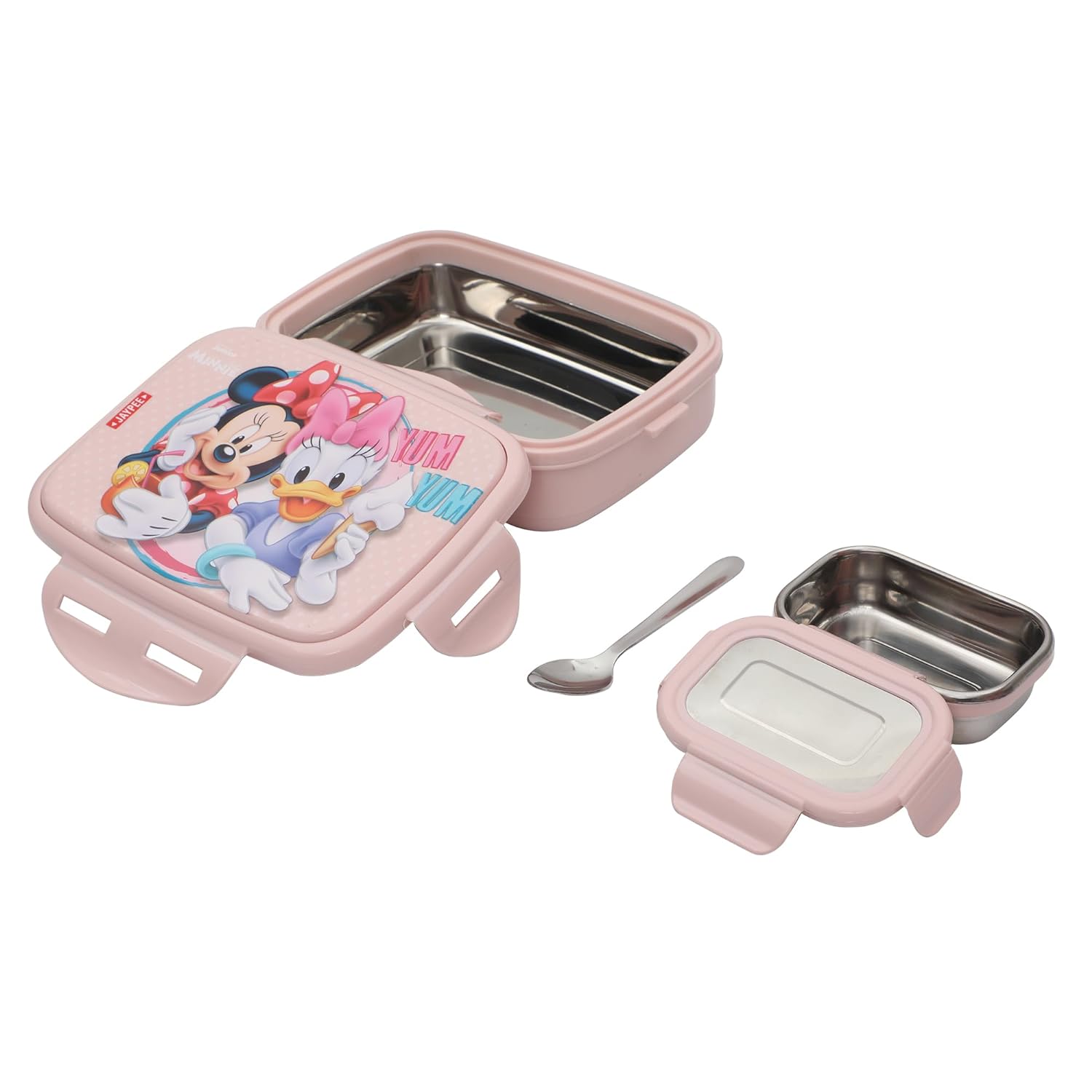 JAYPEE Steel Tek Jr. Insulated Lunch Box Mickey Mouse & Donald Duck, Pink, 400 ml | Airtight Tiffin Box for School Kids Inner Stainless Steel Mini Box | Bpa Free
