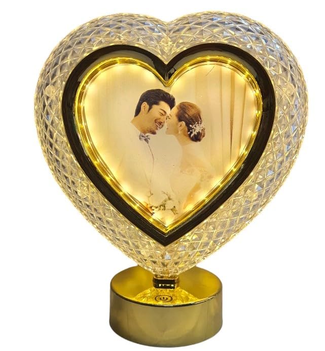 Golden Heart Shape Crystal Photo Frame with LED Touch Button Light