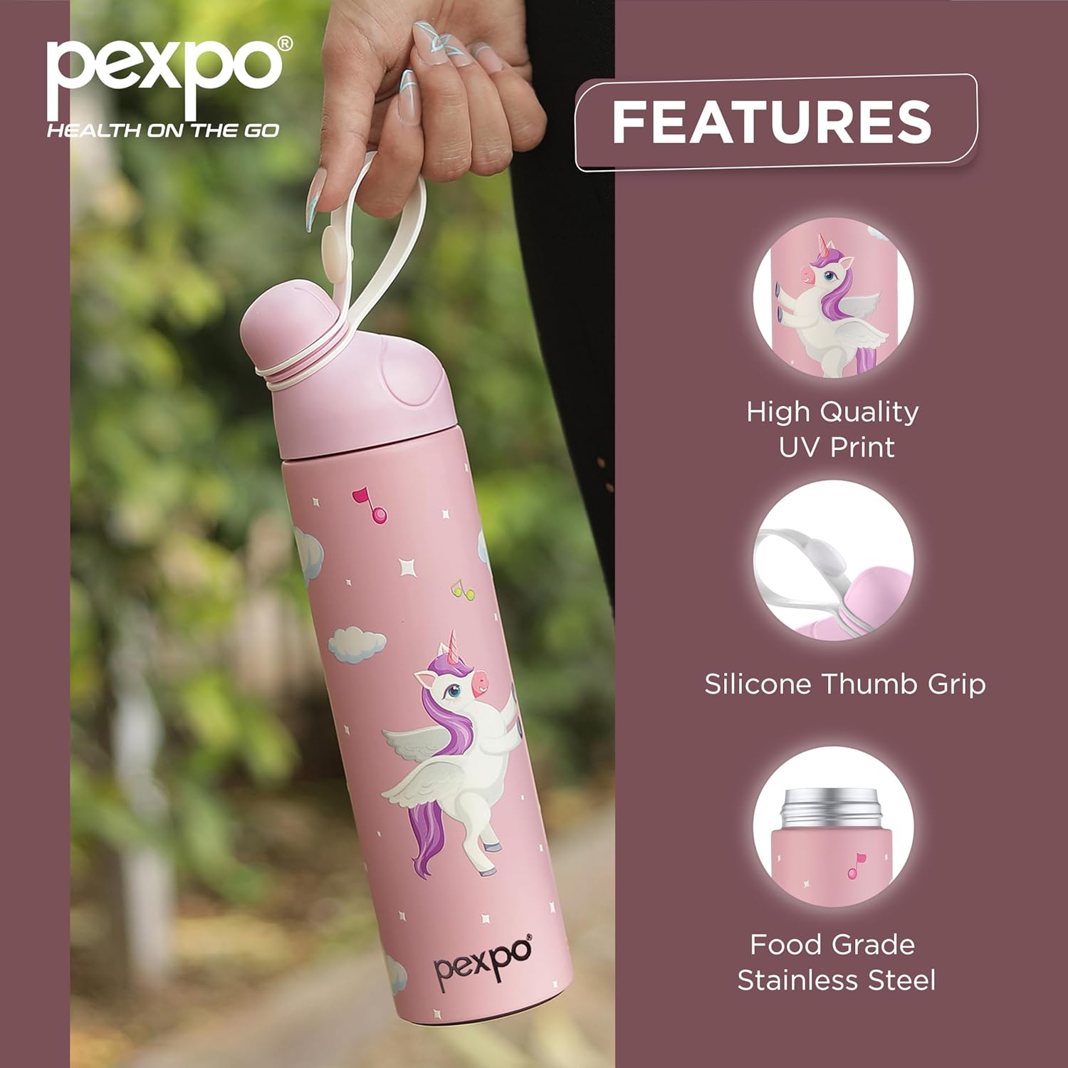 Pexpo Pico Cute Sipper|Hot & Cold 500ml Stainless Steel Water Bottle for Kids & Adults|Unicorn UV Printed Design | Vacuum Insulated|Leak Proof & BPA Free|School, Picnic, Travel