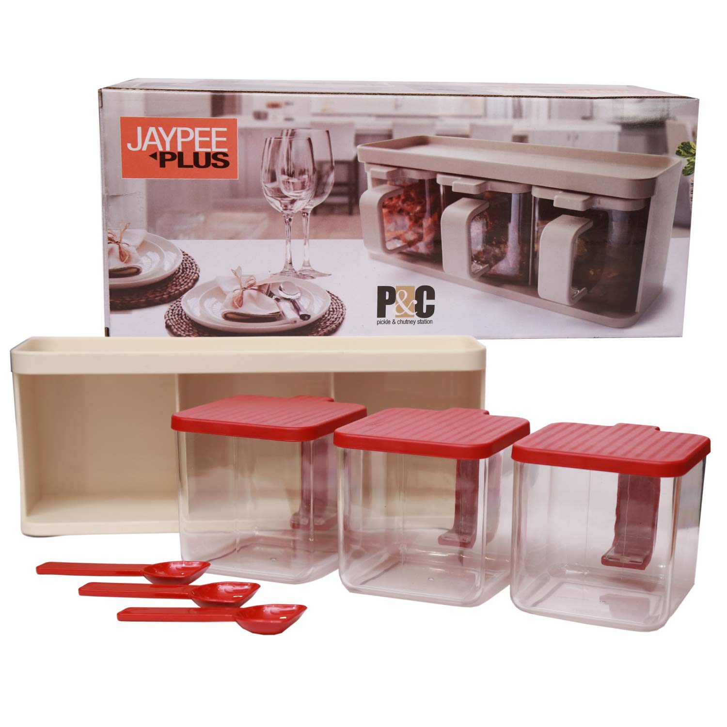 Jaypee Plus Plastic Pickle & Chutney Airtight Container with Tray- Pickle Set Ivory Red