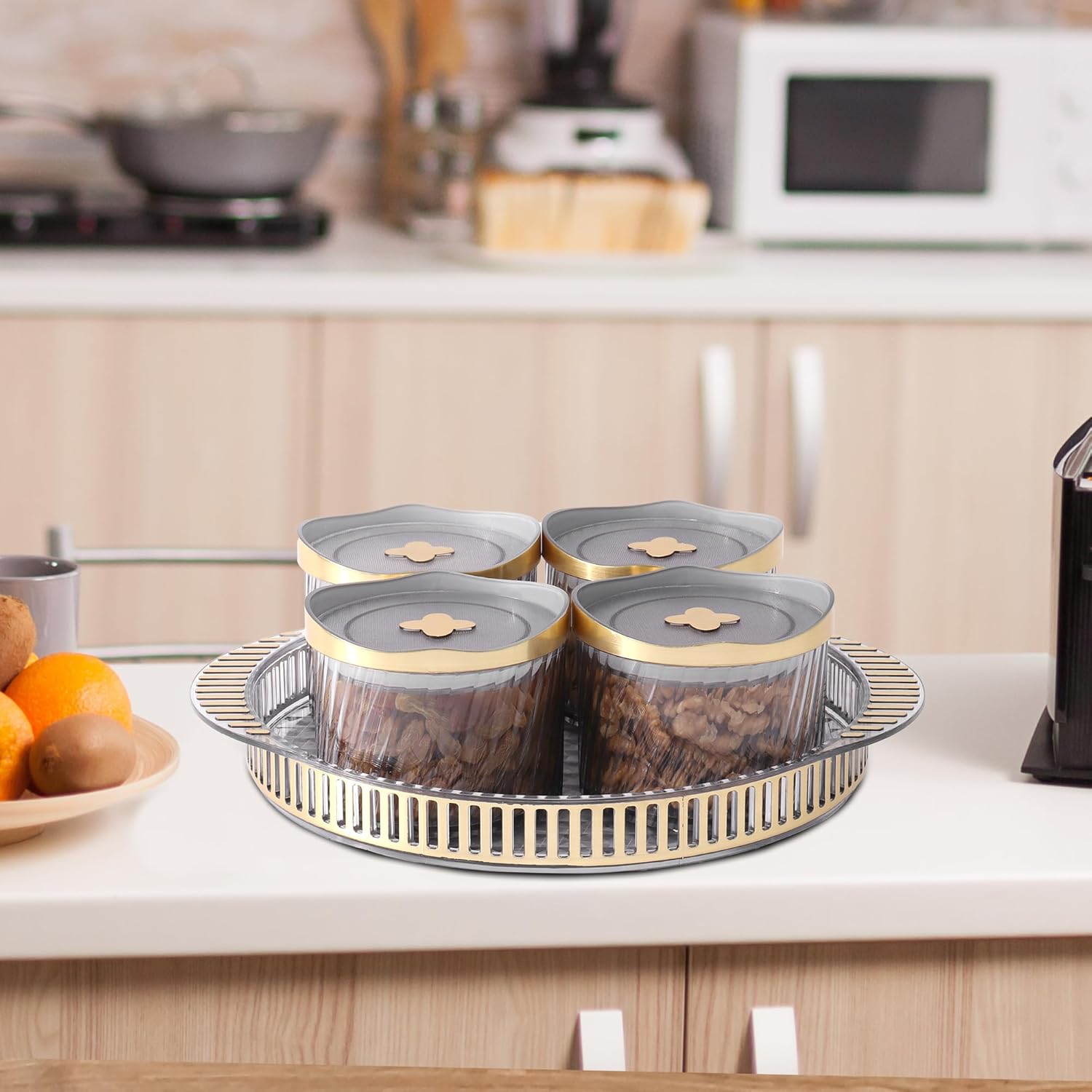 Jaypee Plus Air tight Dry Fruit Container Tray Set with Lid & Serving Tray, Unbreakable Jars Set of 4, Golden