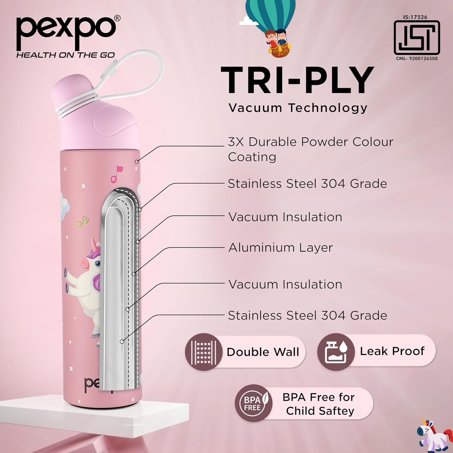 Pexpo Pico Cute Sipper|Hot & Cold 500ml Stainless Steel Water Bottle for Kids & Adults|Unicorn UV Printed Design | Vacuum Insulated|Leak Proof & BPA Free|School, Picnic, Travel