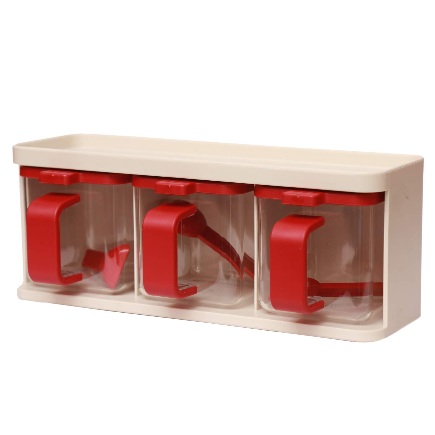 Jaypee Plus Plastic Pickle & Chutney Airtight Container with Tray- Pickle Set Ivory Red