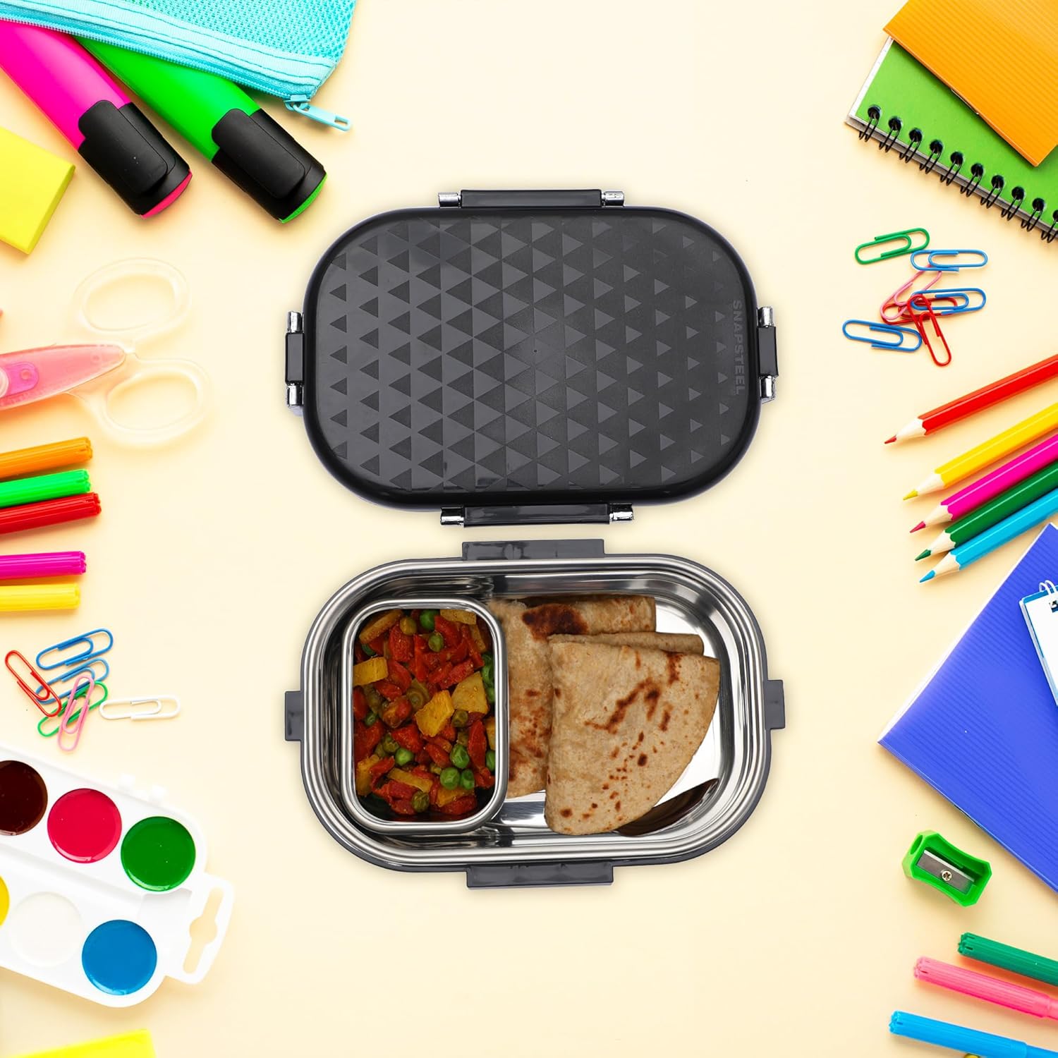 JAYPEE Stainless Steel Insulated Lunch Box Snapsteel Black, 650 ml, Airtight Tiffin Box for School Kids Stainless Steel Inner |Food Grade | BPA Free