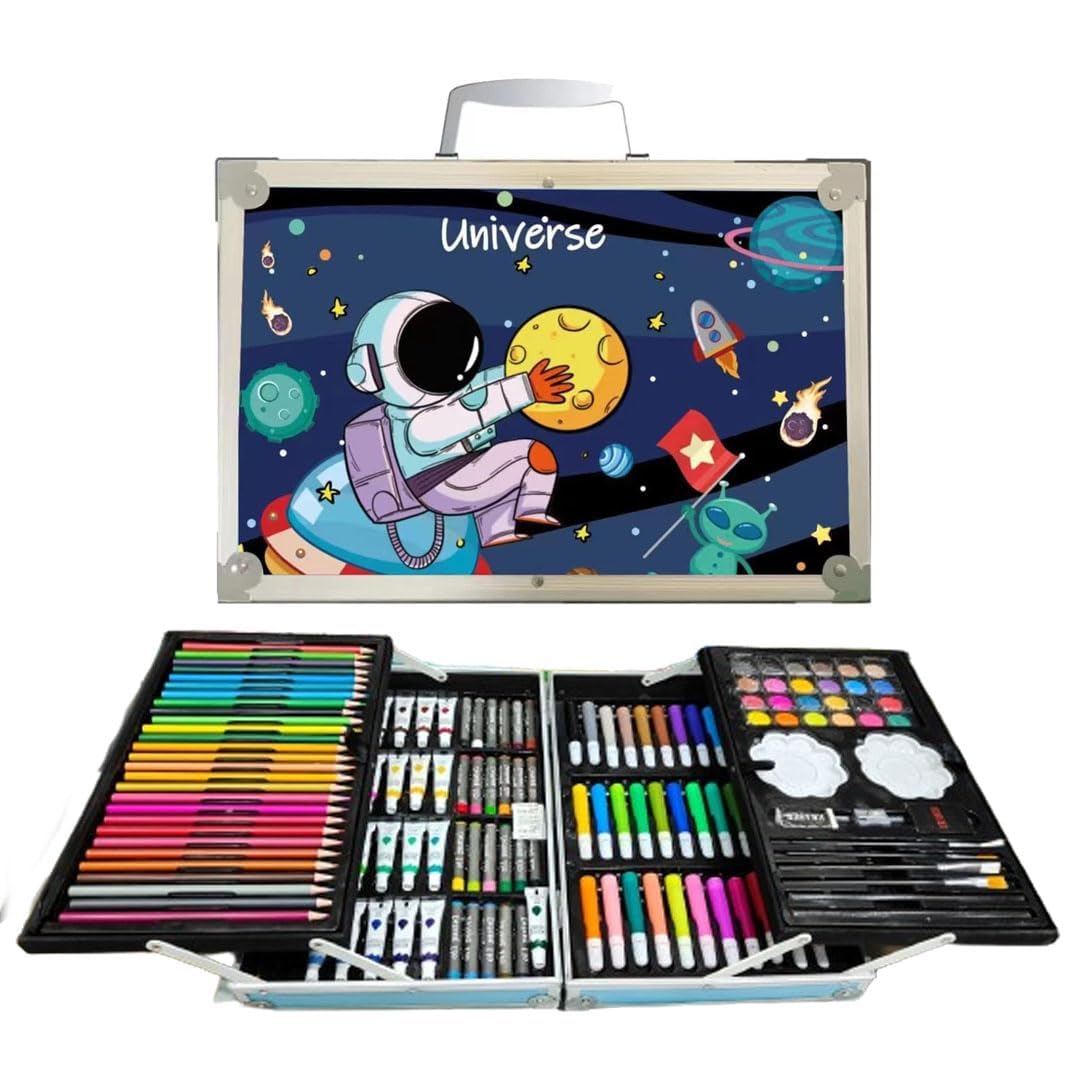 A G  145 Pcs Children Deluxe Art Drawing Set for Kids Case Studio Art and Craft Supplies Drawing and Painting Set Great Gift (Astronaut Design - Blue)