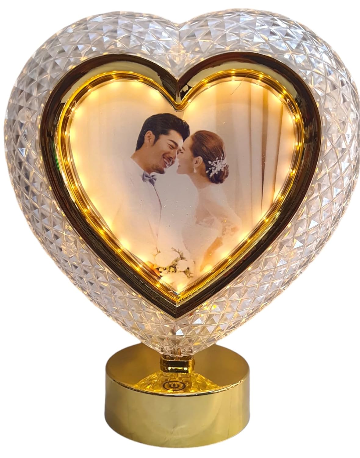 Golden Heart Shape Crystal Photo Frame with LED Touch Button Light