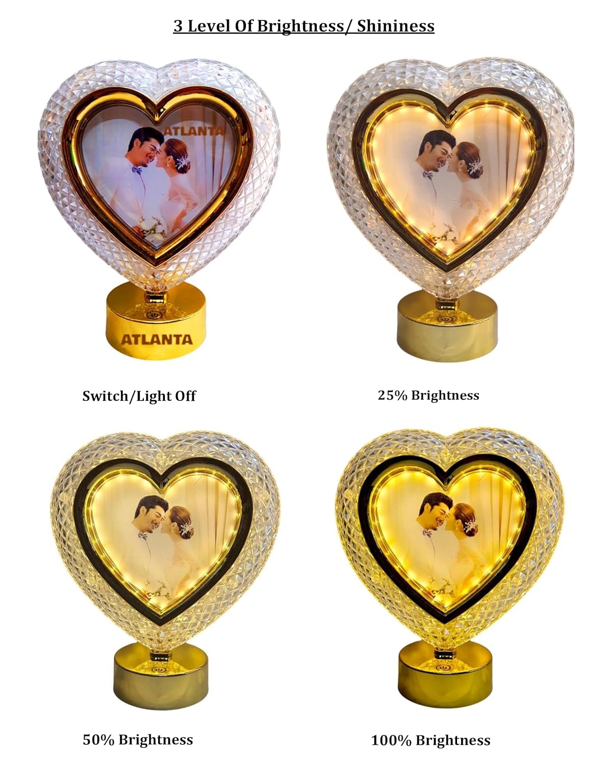 Golden Heart Shape Crystal Photo Frame with LED Touch Button Light
