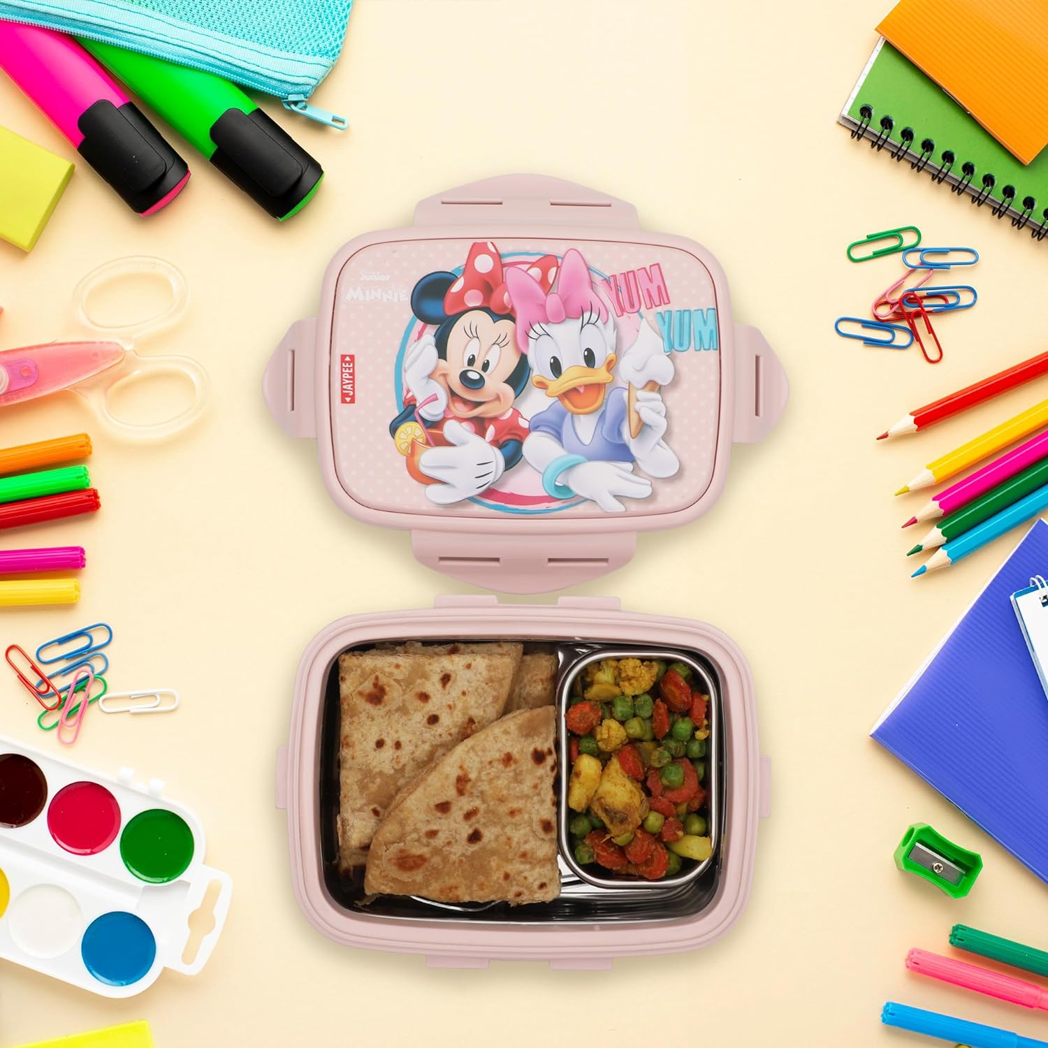 JAYPEE Steel Tek Jr. Insulated Lunch Box Mickey Mouse & Donald Duck, Pink, 400 ml | Airtight Tiffin Box for School Kids Inner Stainless Steel Mini Box | Bpa Free