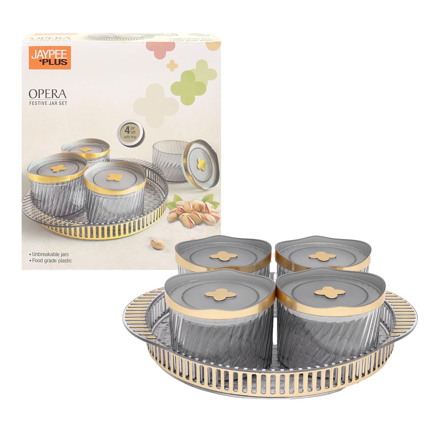 Jaypee Plus Air tight Dry Fruit Container Tray Set with Lid & Serving Tray, Unbreakable Jars Set of 4, Golden