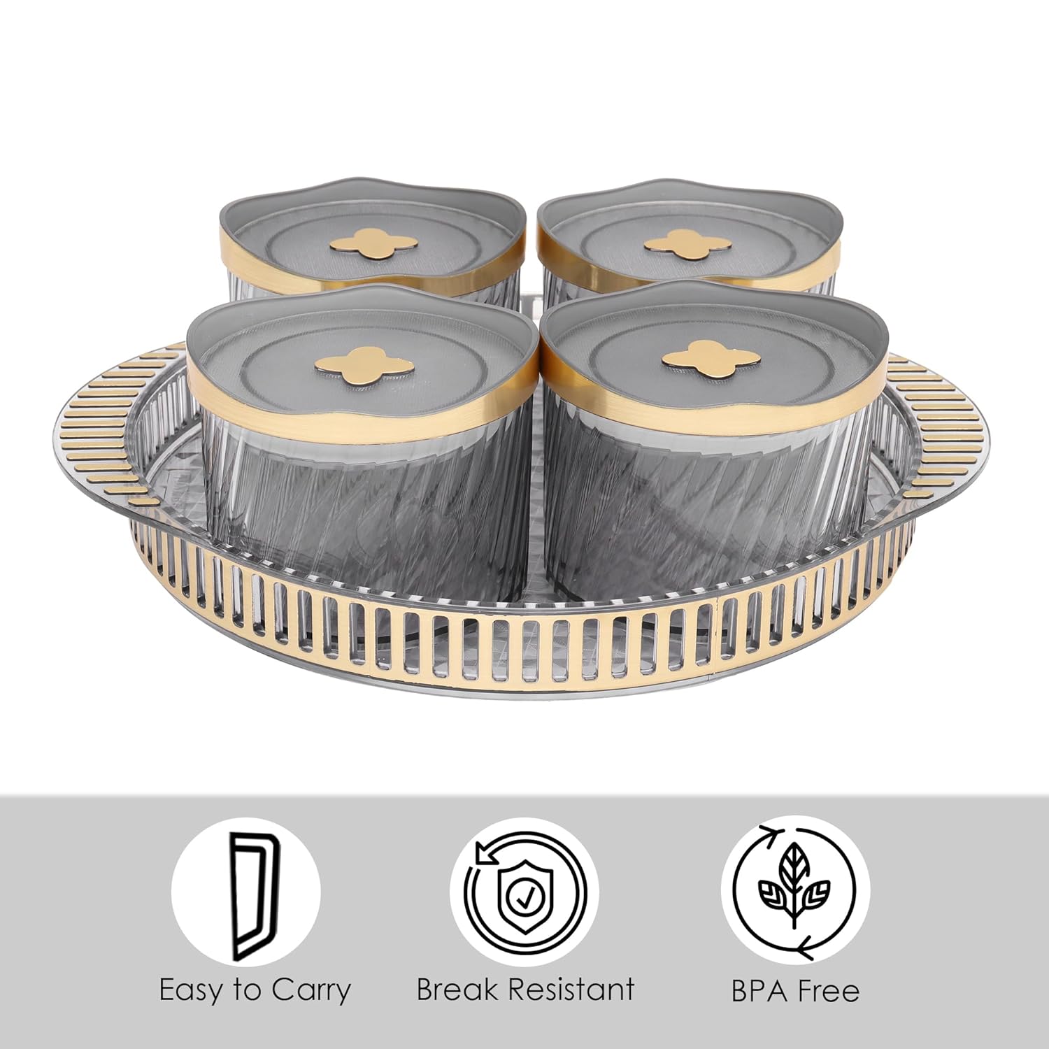 Jaypee Plus Air tight Dry Fruit Container Tray Set with Lid & Serving Tray, Unbreakable Jars Set of 4, Golden