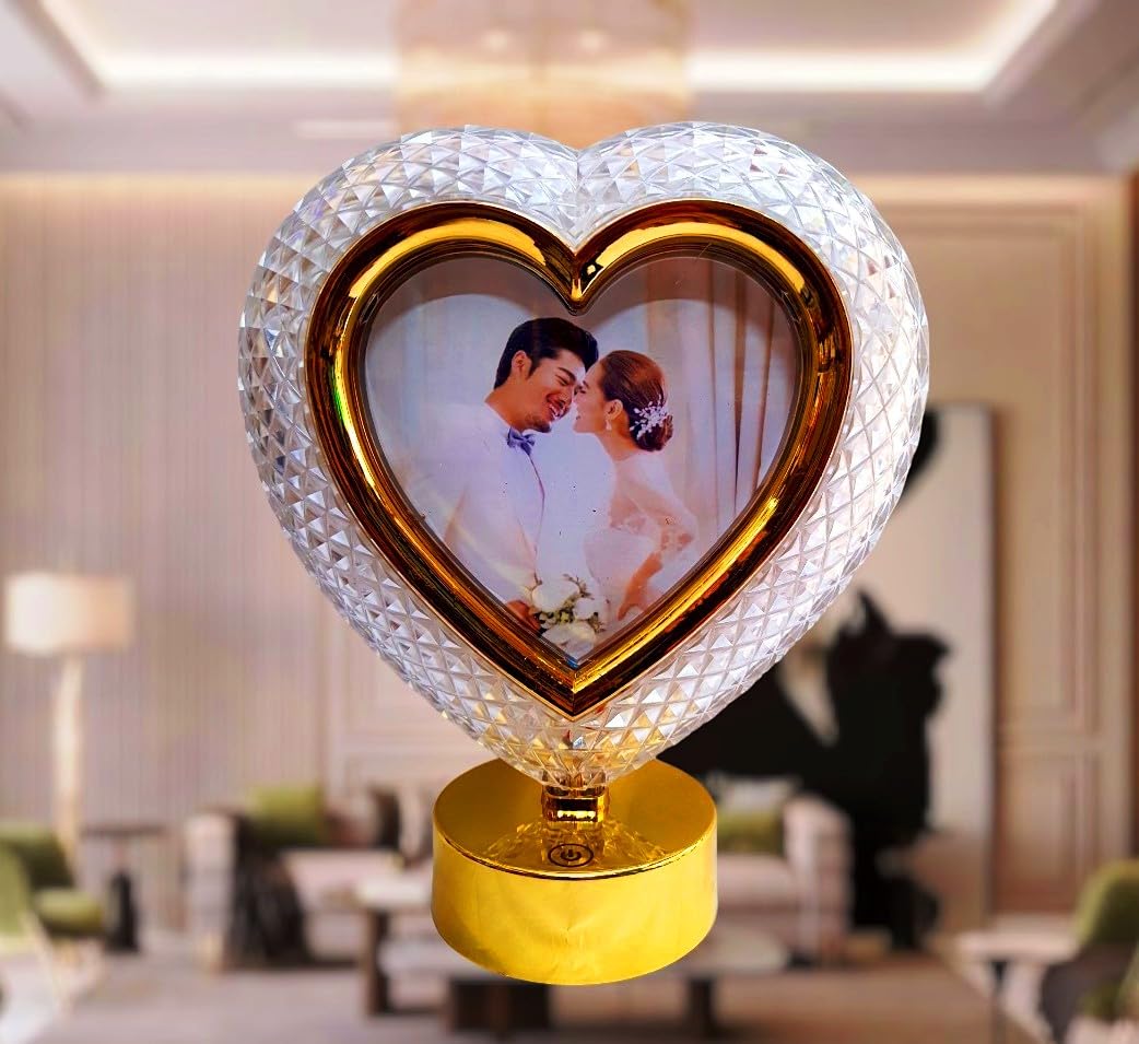 Golden Heart Shape Crystal Photo Frame with LED Touch Button Light