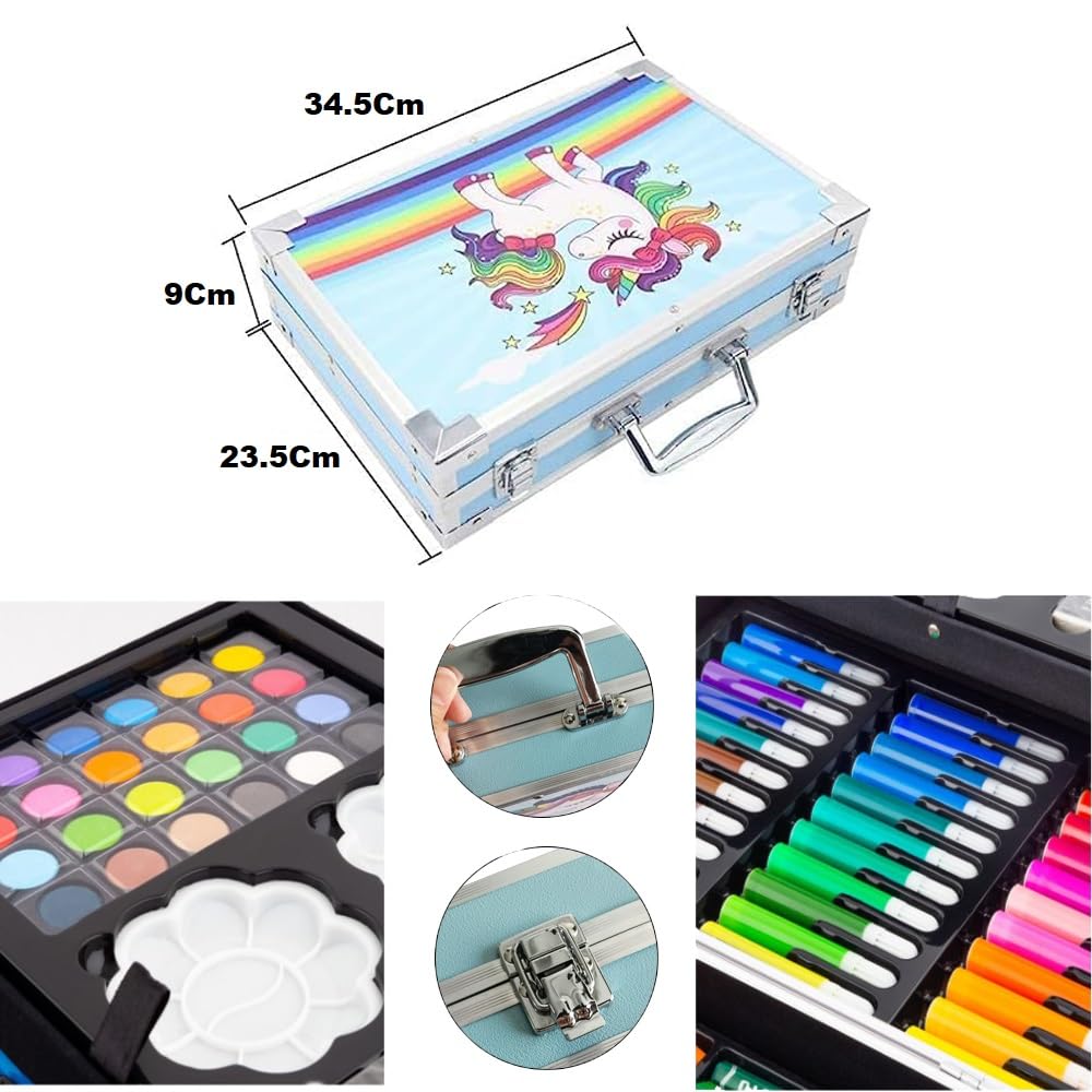 A G Deluxe Art Set Box & Drawing Kit with Crayons, Oil Pastels, Colored Pencil Deluxe Gift Art (145Pcs Unicorn-Blue) Colour kit