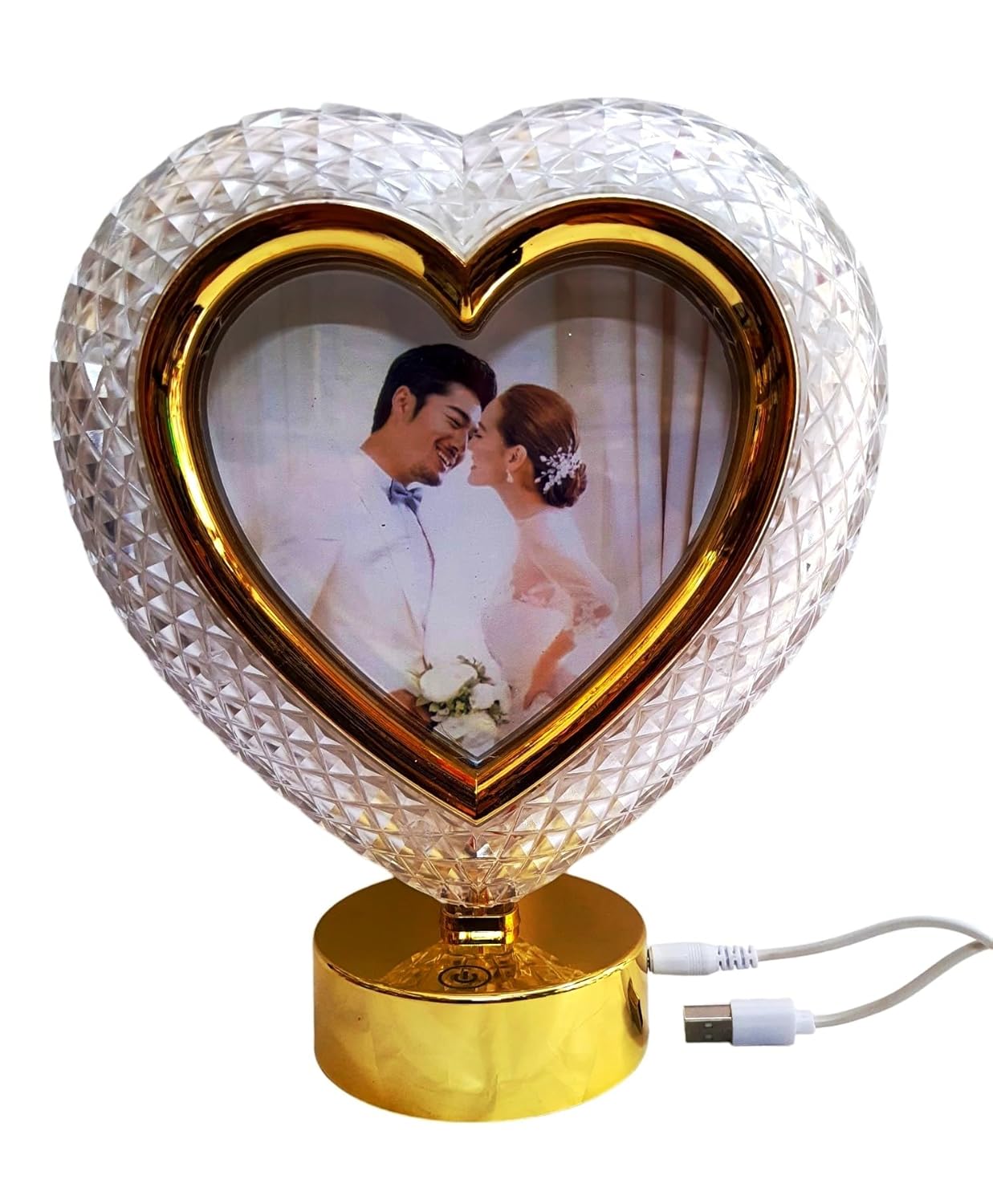 Golden Heart Shape Crystal Photo Frame with LED Touch Button Light