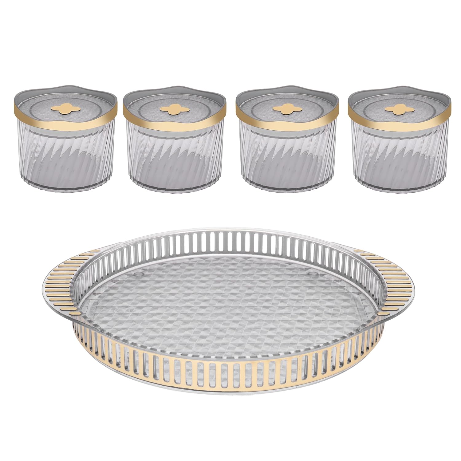 Jaypee Plus Air tight Dry Fruit Container Tray Set with Lid & Serving Tray, Unbreakable Jars Set of 4, Golden