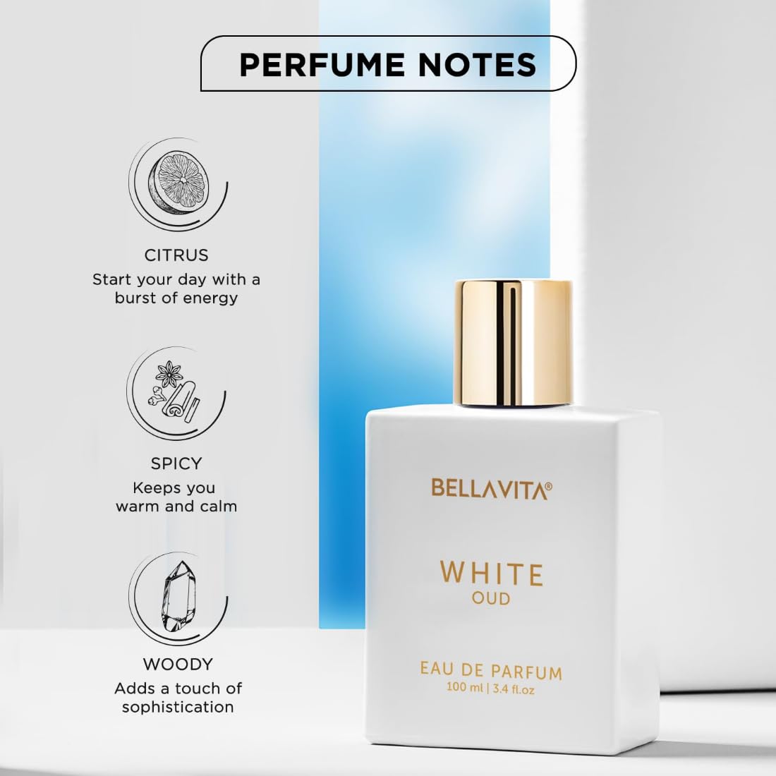 BELLAVITA White Oud Unisex Eau De Parfum Perfume with Orange, Patchouli, Musk|Premium, Long Lasting Oud & Fruity Fragrance for Men & Women,100ML