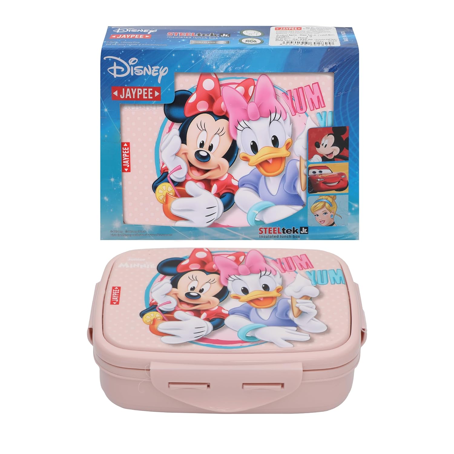JAYPEE Steel Tek Jr. Insulated Lunch Box Mickey Mouse & Donald Duck, Pink, 400 ml | Airtight Tiffin Box for School Kids Inner Stainless Steel Mini Box | Bpa Free