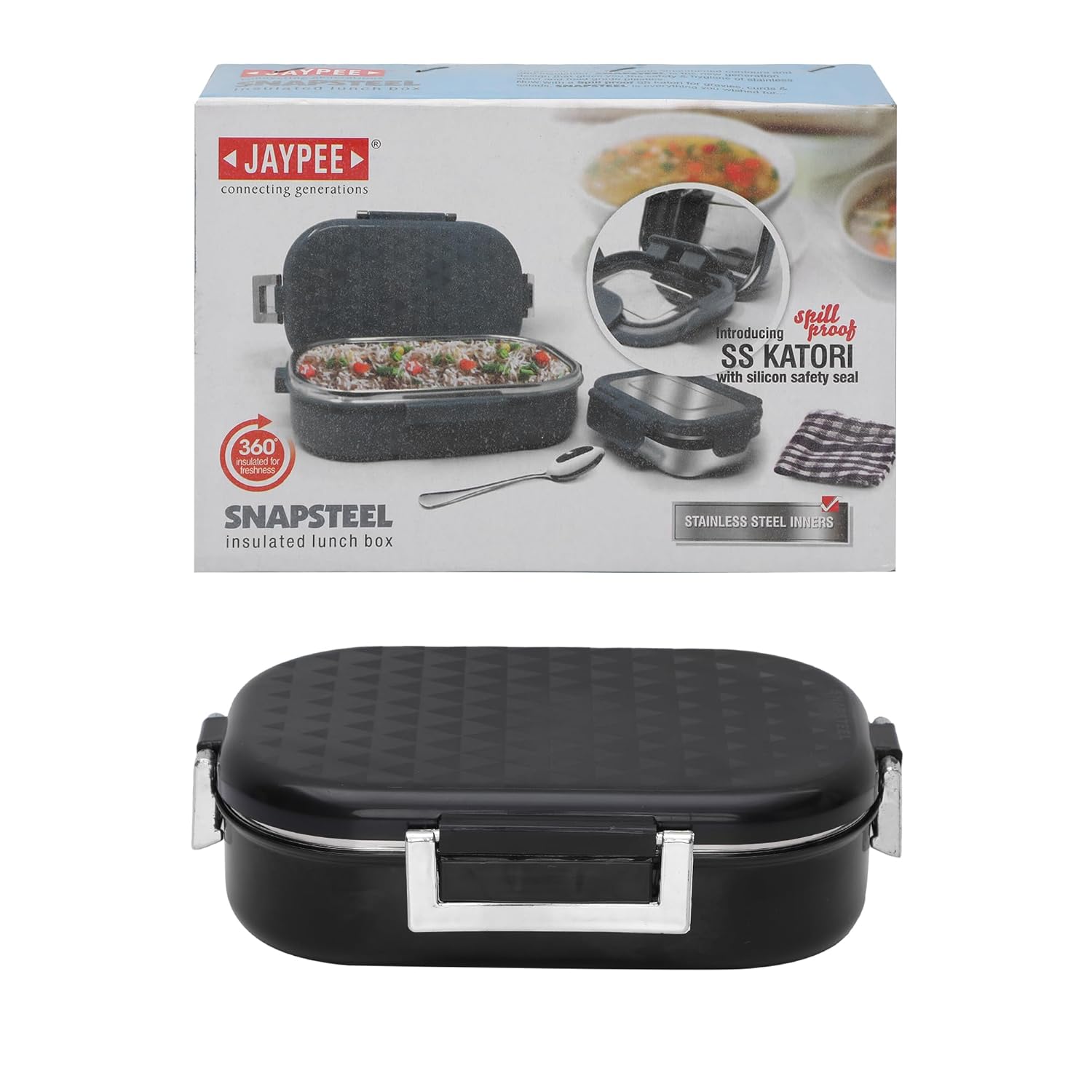 JAYPEE Stainless Steel Insulated Lunch Box Snapsteel Black, 650 ml, Airtight Tiffin Box for School Kids Stainless Steel Inner |Food Grade | BPA Free