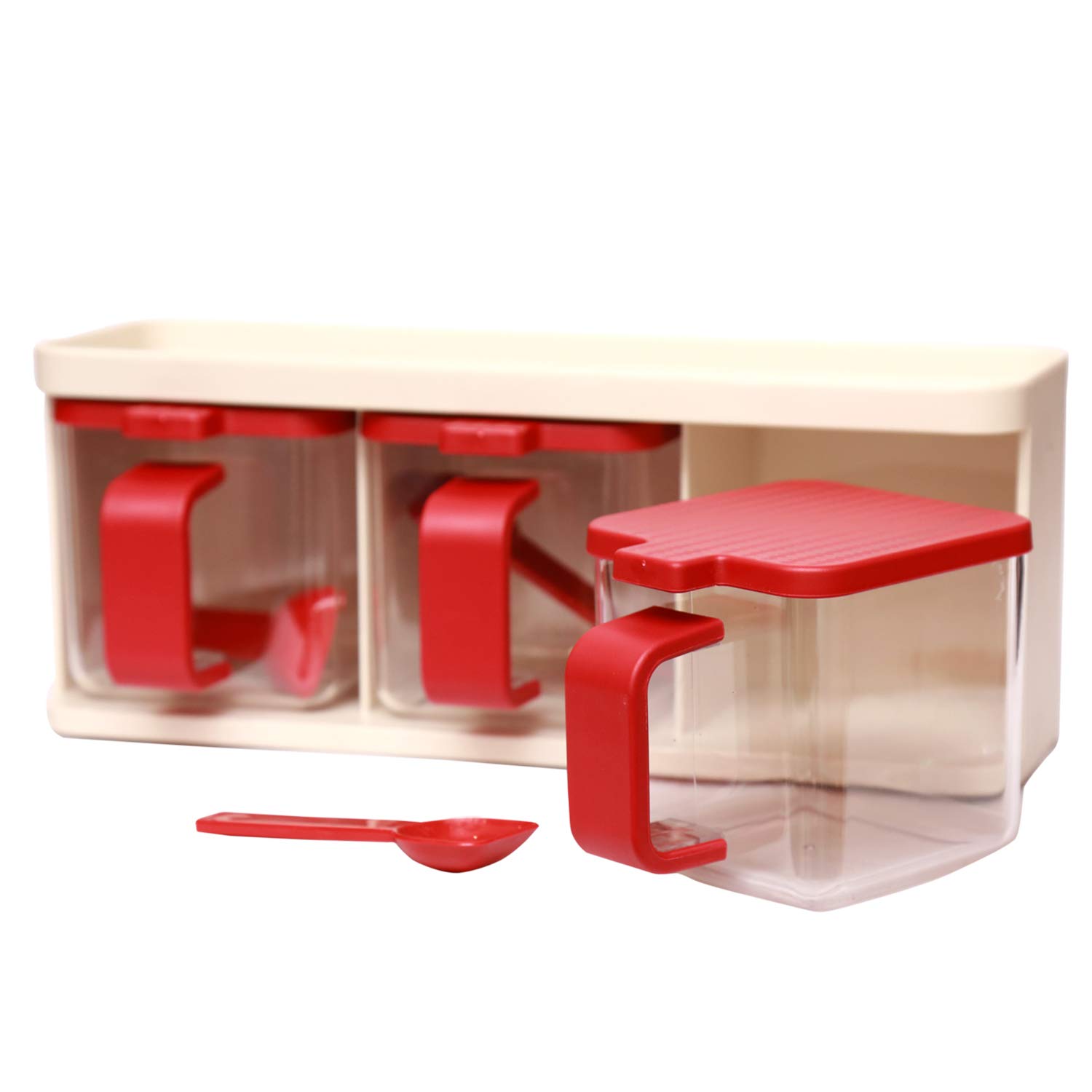 Jaypee Plus Plastic Pickle & Chutney Airtight Container with Tray- Pickle Set Ivory Red